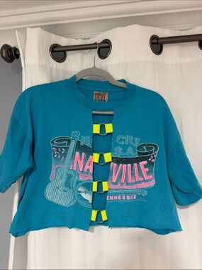 Teal Nashville Graphic Cropped Top with Neon Buckles